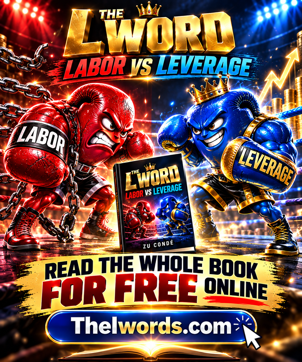 The L Words poster: Labor in the red corner and Leverage in the blue corner facing off in the ring, with the book cover and a read-free-online banner